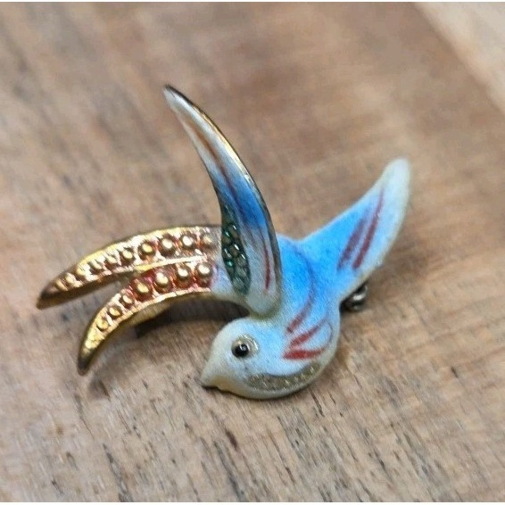 Vintage Blue Gold Enamel Swallow Bird Brooch Pin Flying Mid Century Retro